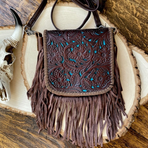 Western Leather Crossbody Fringe Tooled purse bag - Picture 2 of 10